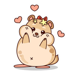 Lovely hamster female with big cheeks. Kawaii character with hearts. Shy rodent. Vector illustration isolated on white.