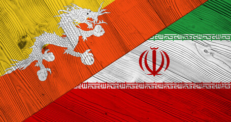 Background with flag of Bhutan and Iran on divided wooden board. 3d illustration