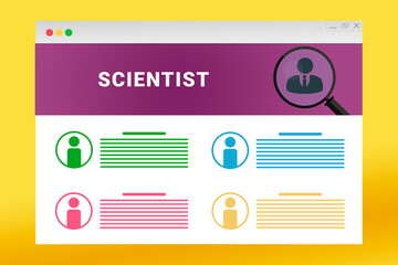 Scientist logo in header of site. Scientist text on job search site. Online with Scientist resume. Jobs in browser window. Internet job search concept. Employee recruiting metaphor