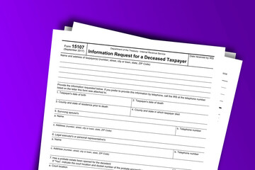 Form 15107 documentation published IRS USA 01.30.2018. American tax document on colored