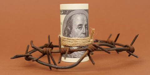 On a brown surface, dollars are rolled up into a tube, with barbed wire around the dollars.