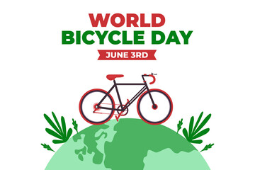 World bicycle day background design with world map and bicycle clipart vector. 3rd June world bicycle day