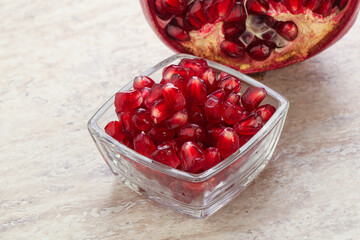 Ripe red Pomegranate seeds in the bowl