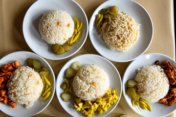 Traditional Turkish cuisine. Pizza, pita, pidesi, sucuk, hummus, kebab. Many dishes on the table. Serving dishes in restaurant. Background image. Top view, flat lay