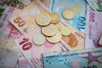 Various Turkish Lira Banknotes And Coins.  Turkish Money
