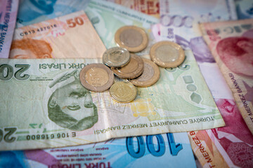 Various Turkish Lira Banknotes And Coins.  Turkish Money