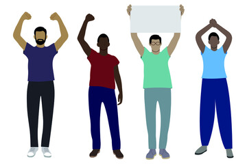 Fototapeta premium Set of dark-skinned men in full growth with arms raised above their heads, flat vector on white background, faceless illustration