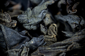 large leaf brewed tea leaves macro closeup microscope soft focus