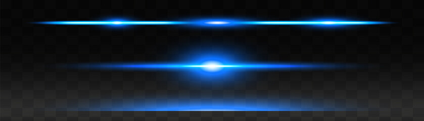 Set of blue horizontal lens flares pack. Abstract light flares, laser beams, sparkling lined, horizontal light rays. Vector illustration.