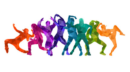 Detailed vector illustration silhouettes of expressive dance colorful group of women's dancing. Jazz, funk, hip-hop, house, twerk. Dancer girls jumping on white background. Happy celebration.
