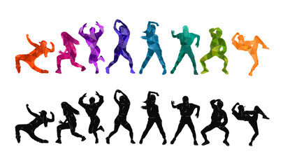 Fototapeta na wymiar Detailed vector illustration silhouettes of expressive dance colorful group of women's dancing. Jazz, funk, hip-hop, house, twerk. Dancer girls jumping on white background. Happy celebration.