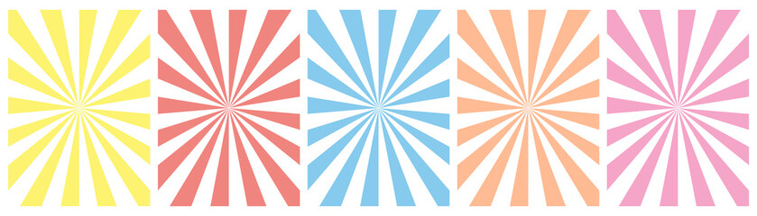 Set of white backgrounds with color sun rays. Abstract summer sun shine. Flat vector illustration