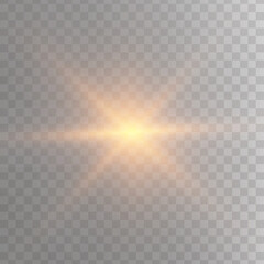 Glowing light stars on a transparent background. Transparent shining sun, star explodes and bright flash. Gold bright illustration starburst.