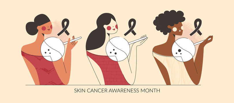 Skin cancer and melanoma awareness month vector illustration. Diverse women with birthmark on shoulder, dermatology disease, body screening, oncology problem check. Person prevention control, checkup