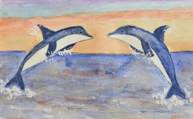 Delfines  saltando (acuarela) © Oberce