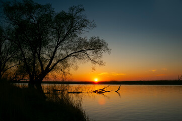 Calm sunset on the river. Dniester. Ukraine.