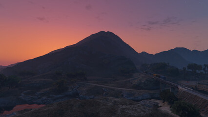 sunset in the mountains with a train (GrandTheftAutoV)