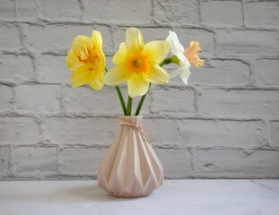 Narcissus flower in vase on old background