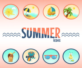 Summer icons . Coral color