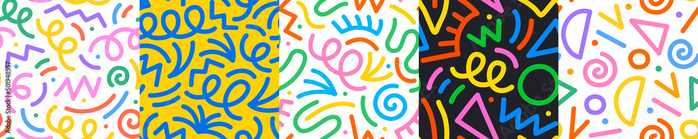 Aufkleber Set of fun colorful line doodle seamless pattern. Creative minimalist style art background collection for children or trendy design with basic shapes. Simple childish scribble backdrop bundle.