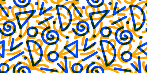 Fun colorful squiggle line doodle seamless pattern. Creative minimalist style art background for children or trendy design with basic shapes. Simple childish scribble backdrop. © Dedraw Studio