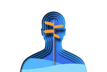 Paper cut man silhouette with street crossroad inside, illustration for psychology guidance or career path concept. Lost person stuck between two decisions, business opportunity or life choice idea.