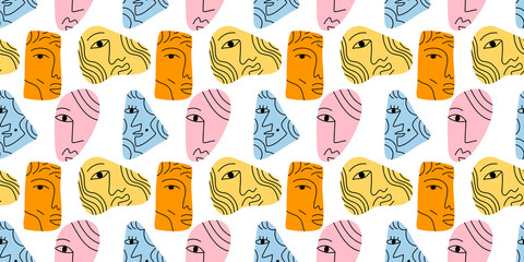 Abstract hand drawn people face seamless pattern illustration with colorful organic shapes. Modern diverse portrait background.