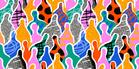 Colorful diverse people crowd abstract art seamless pattern. Multi-ethnic community, big cultural diversity group background illustration in modern collage painting style.