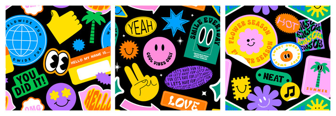 Colorful funny happy face label seamless pattern set. Collection of trendy retro sticker cartoon backgrounds. Weird comic character art, quote sign wallpaper bundle.