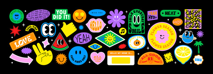 Colorful happy smiling face label shape set. Collection of trendy retro sticker cartoon shapes. Funny comic character art and quote sign patch bundle. - obrazy, fototapety, plakaty