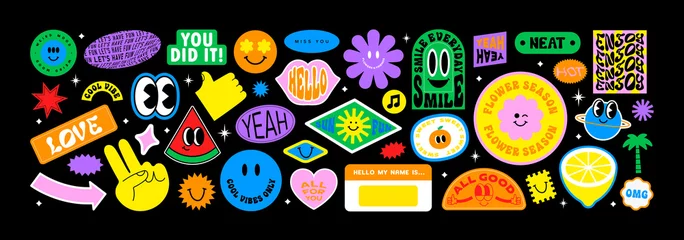 Foto op Plexiglas Retro compositie Colorful happy smiling face label shape set. Collection of trendy retro sticker cartoon shapes. Funny comic character art and quote sign patch bundle.