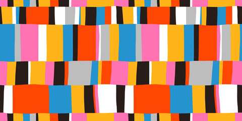 Colorful hand drawn patchwork flat cartoon seamless pattern. Handmade patch work quilt style background for textile concept or fun modern backdrop design.