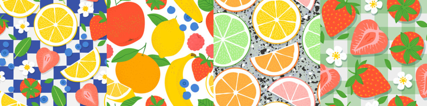 Summer tropical fruit seamless pattern set. Modern flat cartoon organic fruits ingredient background collection. Fresh apple, orange, banana, strawberry and more.