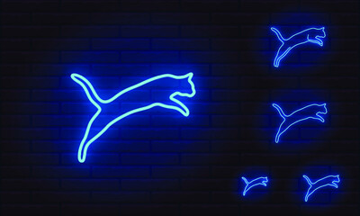 Neon silhouette of jumping grace cat. Different thickness outline. Bright shining sign. Editable color and brightness. Neon icon