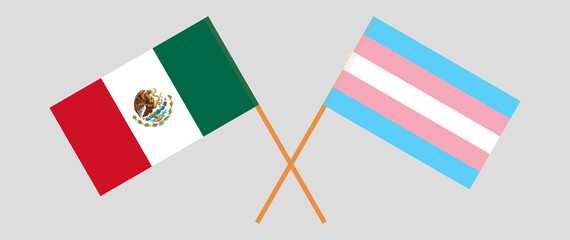 Crossed flags of Mexico and Transgender Pride. Official colors. Correct proportion