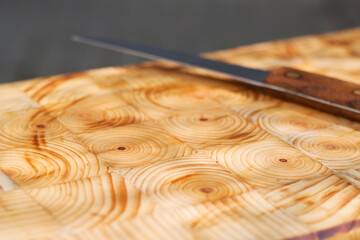 wooden chopping board with knife and empty copy space