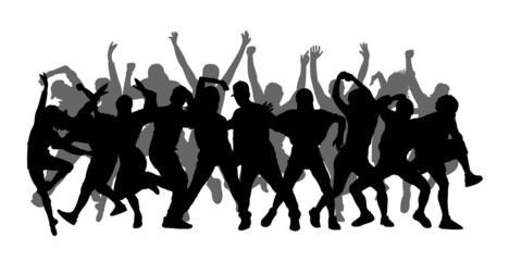 Detailed vector illustration silhouettes of expressive dance colorful group of people dancing. Jazz funk, hip-hop, house dance. Dancer man jumping on white background. Happy celebration.  Party.
