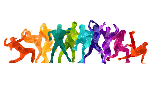 Detailed vector illustration silhouettes of expressive dance colorful group of people dancing. Jazz funk, hip-hop, house dance. Dancer man jumping on white background. Happy celebration.  Party.
