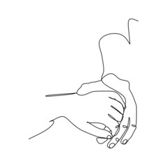 Hands holding each other gesture continuous line drawing design. Sign or symbol of hand gestures. One line hand drawn style art doodle isolated on white background for family concept