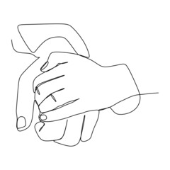 Hands holding each other gesture continuous line drawing design. Sign or symbol of hand gestures. One line hand drawn style art doodle isolated on white background for family concept