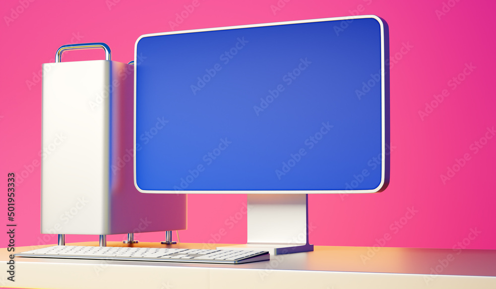Poster computer template. minimalistic computer rendering. monitor with blue screen on table. computer mock