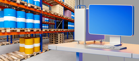 Warehouse software. Warehouse manager's computer. Warehouse revision software concept. Software for inventory accounting. Computer with blank screen in front of racks with barrels. 3d rendering.