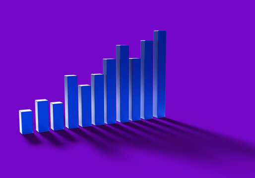 Growing chart. Blue volumetric bars show constant growth. Chart shows positive trends. Concept increasing income or sales volume. Growth infographics of business indicators. Chart on purple. 3d image
