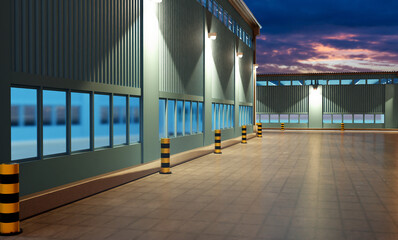 Factory building. Two hangars on territory of factory at night. Factory building at sunset. Facades of buildings are illuminated by evening illumination. Industrial zone without people. 3d rendering.