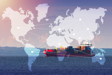 Container ship at sea. Maritime cargo logistics. Ferry is filled with colorful containers. Continents symbolize international logistics. International supply chains. Transportation of cargo on ship