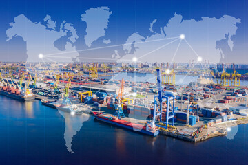 Large cargo port. Sea cargo port from bird's eye view. Maritime logistics concept. Process of...