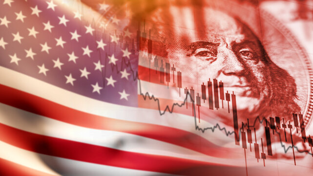 Financial collapse. Decline in value of US stocks. Decline in America's GDP growth concept. Falling graph in front of USA flag. Economic crisis in America. US dollar inflation metaphor. 3d rendering.