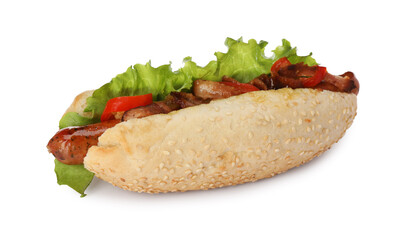 Yummy hot dog with sausage, bacon and lettuce isolated on white. Fast food