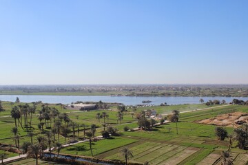 A green farm with trees and agriculture in Minya with ariel view from jabal el tayr in Egypt