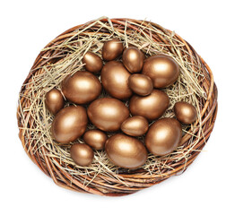 Nest with golden eggs on white background, top view